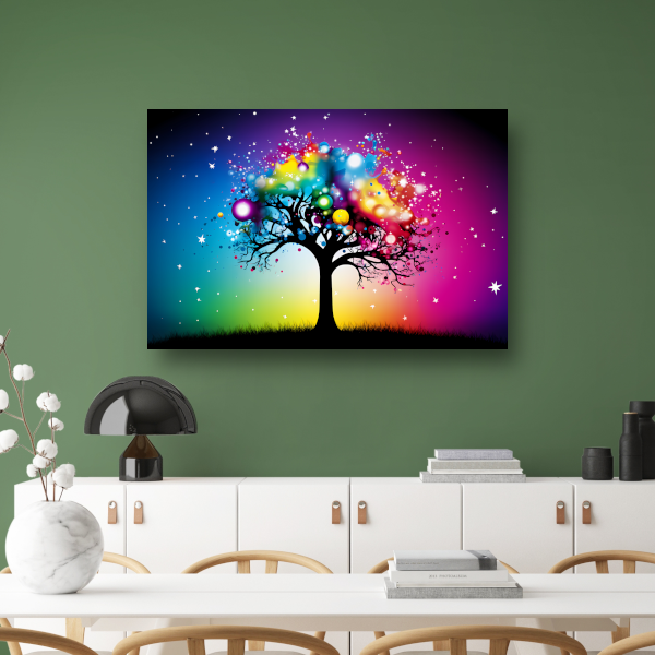 Kleurrijke boom in regenboog canvas met baklijst