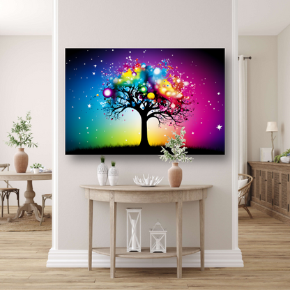 Kleurrijke boom in regenboog canvas met baklijst