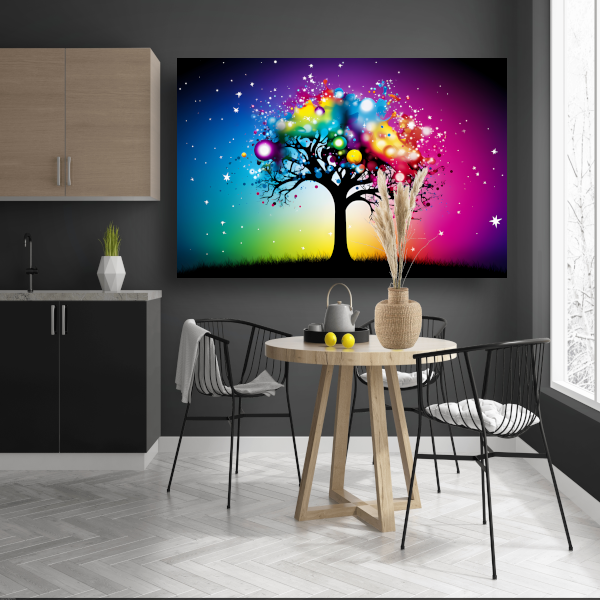 Kleurrijke boom in regenboog canvas met baklijst