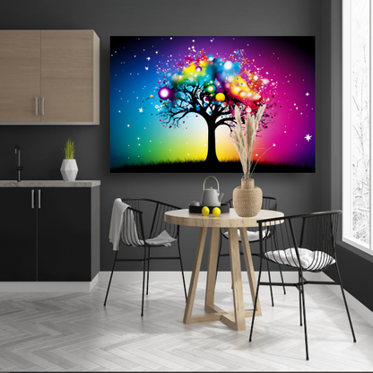 Kleurrijke boom in regenboog canvas met baklijst