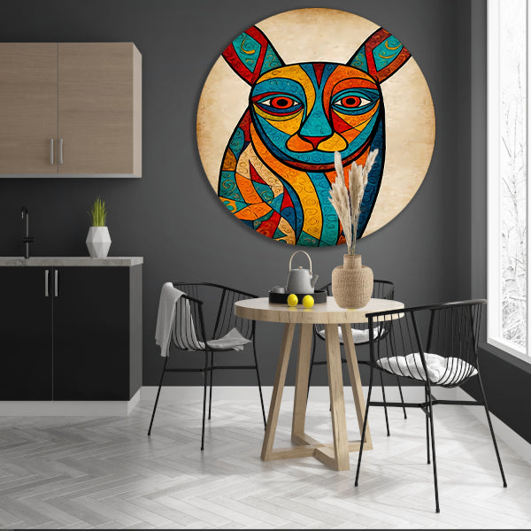 Kleurrijke kubistische kat kunstwerk aluminium muurcirkel