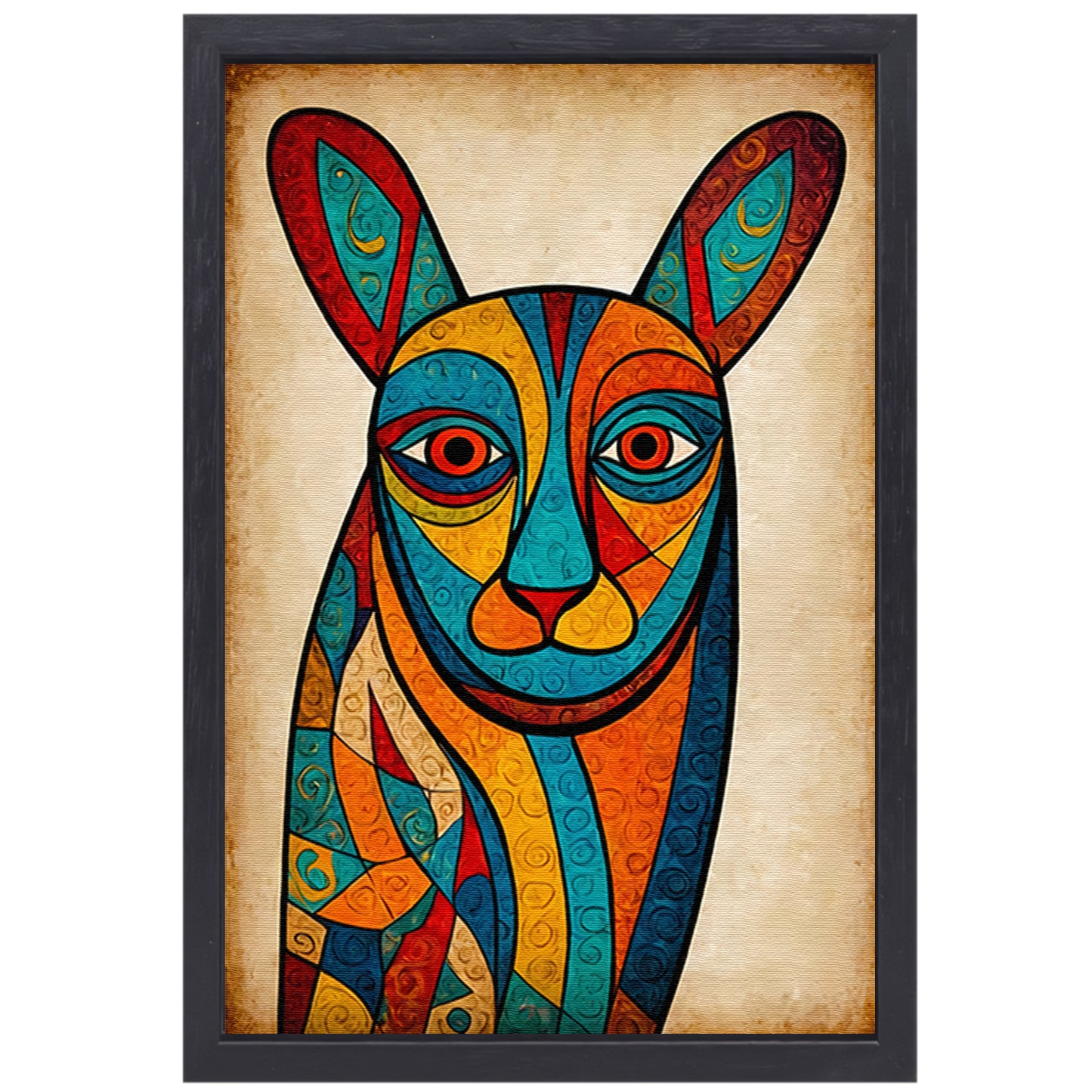 Kleurrijke kubistische kat kunstwerk canvas met baklijst