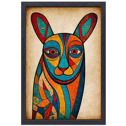 Kleurrijke kubistische kat kunstwerk canvas met baklijst