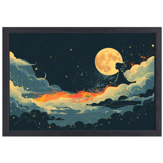 Surrealistische Vliegende Leeuw Maan canvas met baklijst