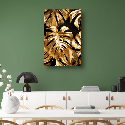 Gouden Monstera Bladeren op Zwart canvas