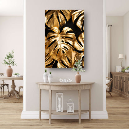 Gouden Monstera Bladeren op Zwart acrylglas