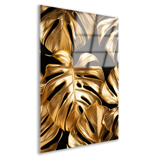 Gouden Monstera Bladeren op Zwart acrylglas