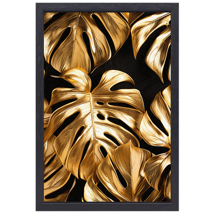 Gouden Monstera Bladeren op Zwart canvas met baklijst