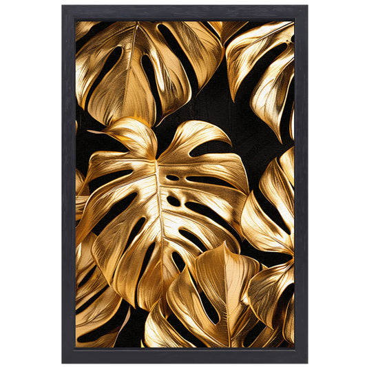 Gouden Monstera Bladeren op Zwart canvas met baklijst