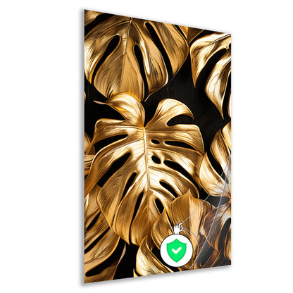 Gouden Monstera Bladeren op Zwart poster