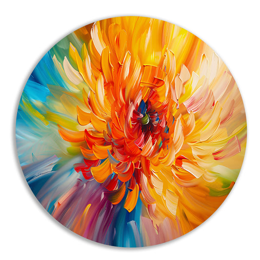 Abstracte schilderij van kleurrijke chrysant aluminium muurcirkel