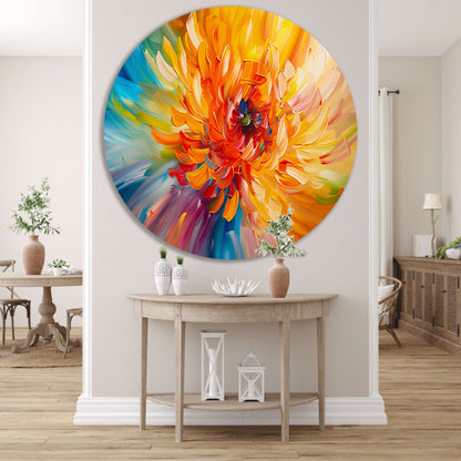 Abstracte schilderij van kleurrijke chrysant aluminium muurcirkel