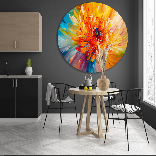Abstracte schilderij van kleurrijke chrysant aluminium muurcirkel