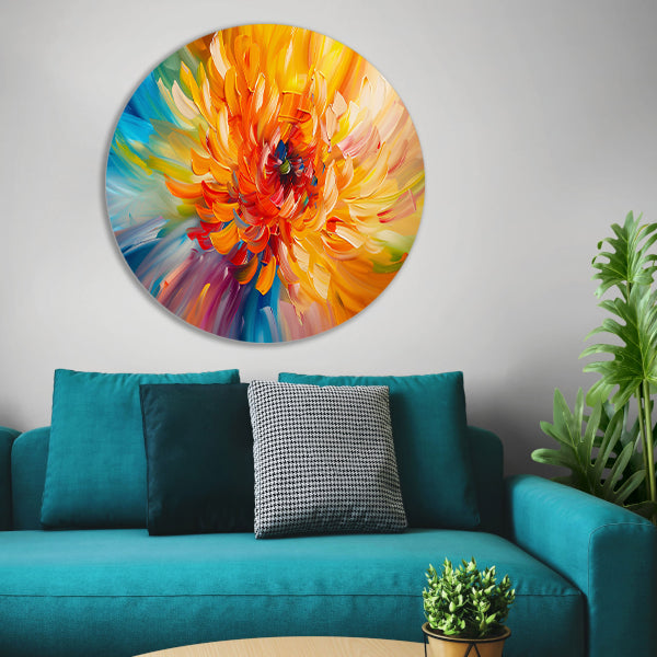 Abstracte schilderij van kleurrijke chrysant aluminium muurcirkel