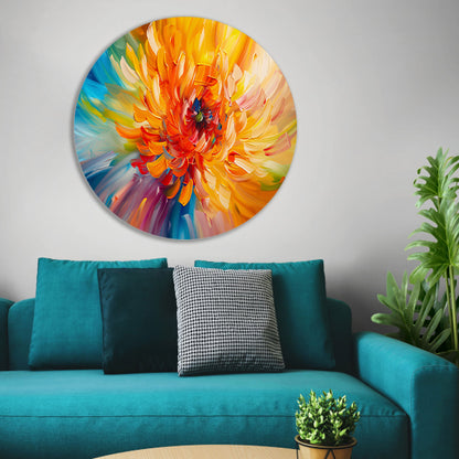 Abstracte schilderij van kleurrijke chrysant aluminium muurcirkel