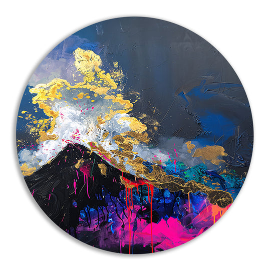 Abstract schilderij van vulkaanuitbarsting aluminium muurcirkel