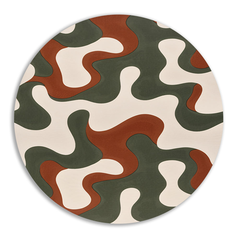 Abstract kunstwerk met groene, bruine en rode patronen aluminium muurcirkel