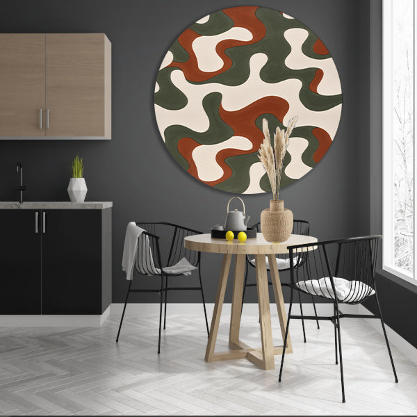 Abstract kunstwerk met groene, bruine en rode patronen aluminium muurcirkel