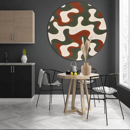 Abstract kunstwerk met groene, bruine en rode patronen aluminium muurcirkel