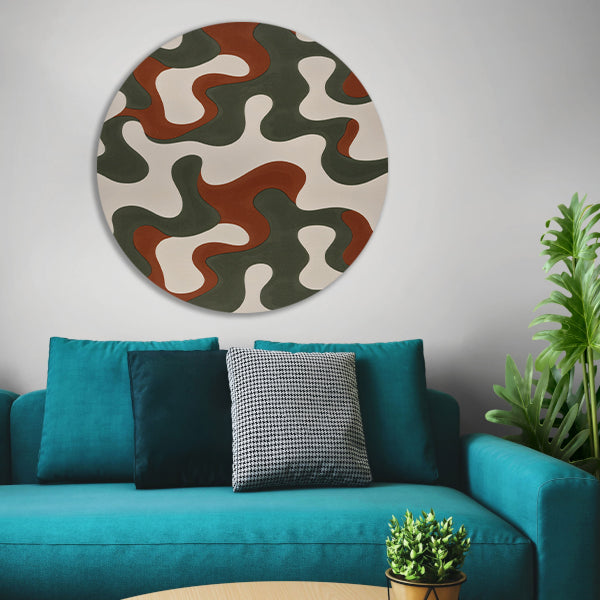 Abstract kunstwerk met groene, bruine en rode patronen aluminium muurcirkel