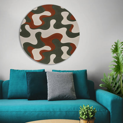 Abstract kunstwerk met groene, bruine en rode patronen aluminium muurcirkel