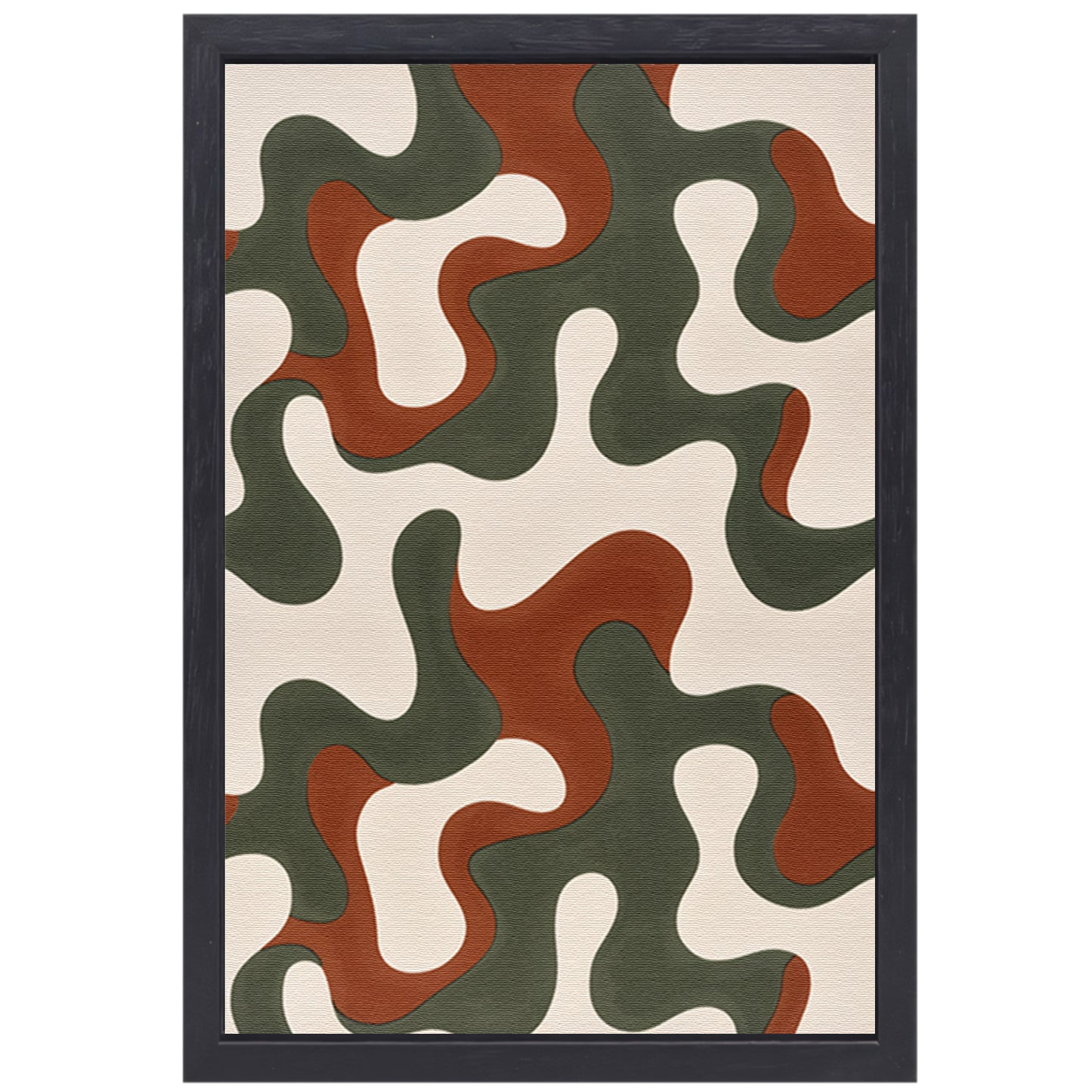 Abstract kunstwerk met groene, bruine en rode patronen canvas met baklijst
