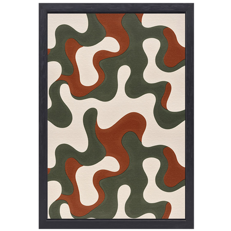 Abstract kunstwerk met groene, bruine en rode patronen canvas met baklijst