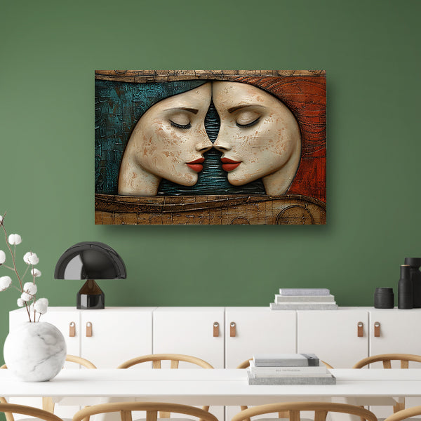 Artistieke omhelzing van twee gezichten canvas met baklijst