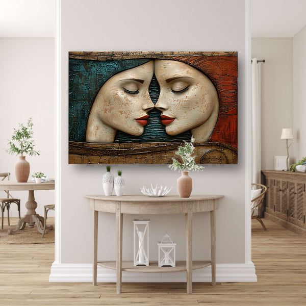 Artistieke omhelzing van twee gezichten canvas met baklijst