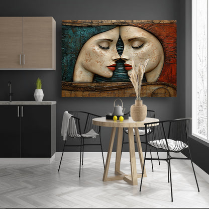 Artistieke omhelzing van twee gezichten canvas met baklijst