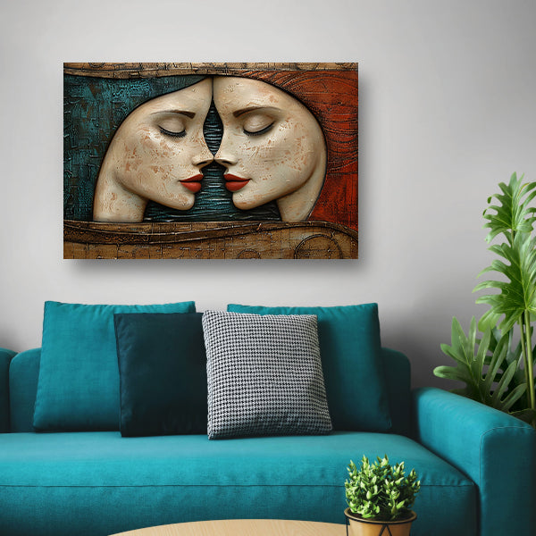 Artistieke omhelzing van twee gezichten canvas met baklijst