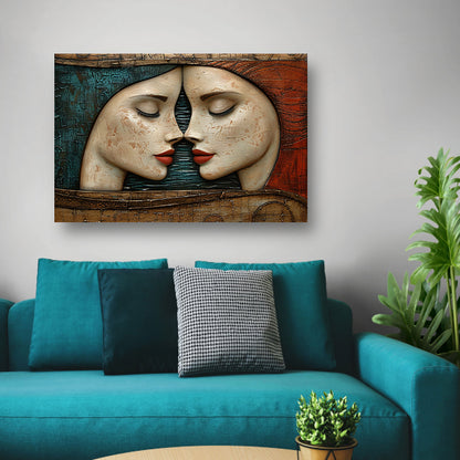 Artistieke omhelzing van twee gezichten canvas met baklijst