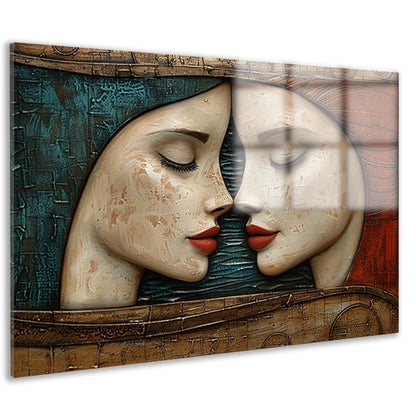 Artistieke omhelzing van twee gezichten acrylglas