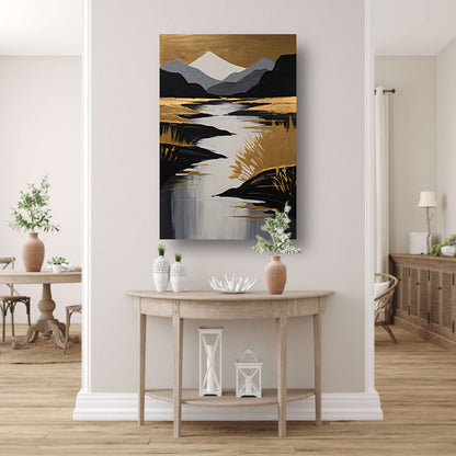 Rustic River Flowing Through Monochrome Mountains canvas