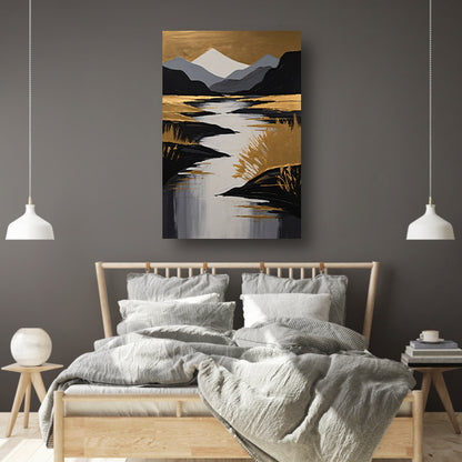 Rustic River Flowing Through Monochrome Mountains canvas