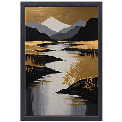 Rustic River Flowing Through Monochrome Mountains canvas met baklijst