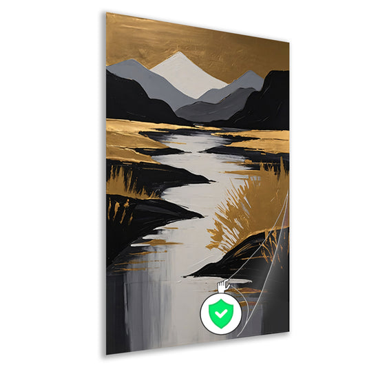 Rustic River Flowing Through Monochrome Mountains poster