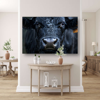 Koe in de regen op gedetailleerde wijze poster