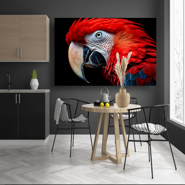 Hyperrealistische Rode Papegaai op Zwarte Achtergrond poster