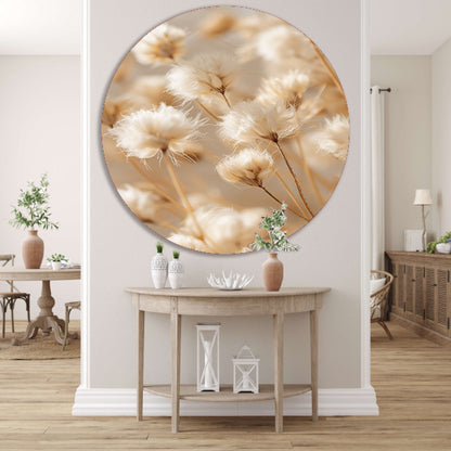 Pluizige Witte Bloemen op Stengels aluminium muurcirkel
