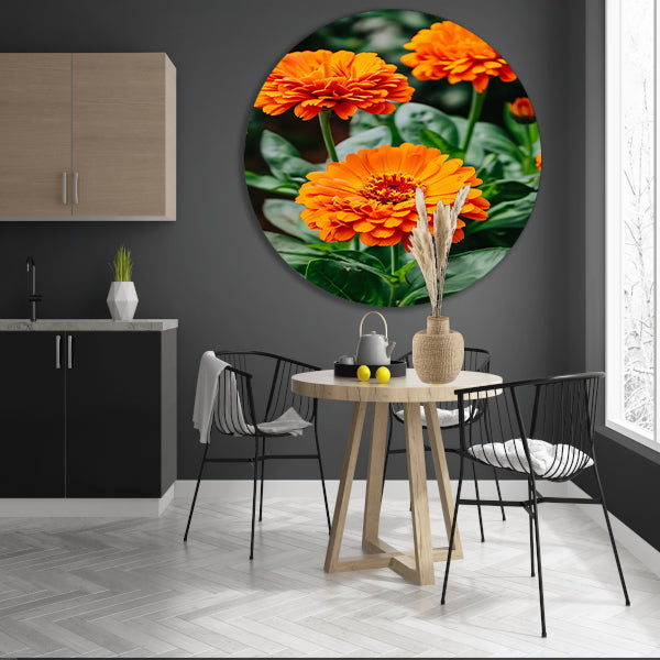 Oranje bloemen in bloei aluminium muurcirkel