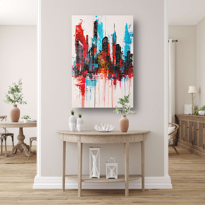 Abstract schilderij van stadsgezicht met kleuren poster