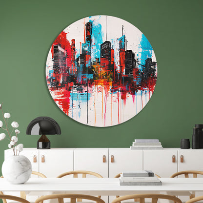 Abstract schilderij van stadsgezicht met kleuren aluminium muurcirkel