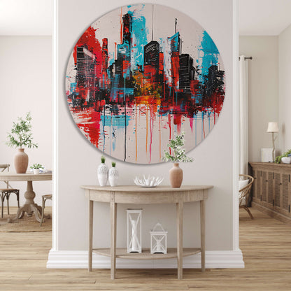 Abstract schilderij van stadsgezicht met kleuren aluminium muurcirkel
