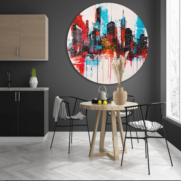 Abstract schilderij van stadsgezicht met kleuren aluminium muurcirkel