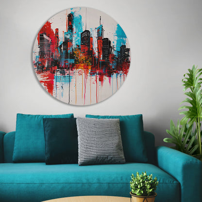 Abstract schilderij van stadsgezicht met kleuren aluminium muurcirkel