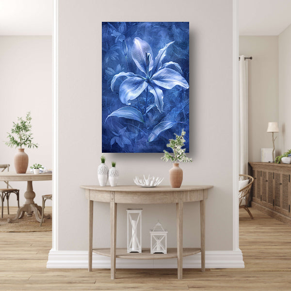 Gedetailleerde digitale lelie in blauw-wit canvas met baklijst