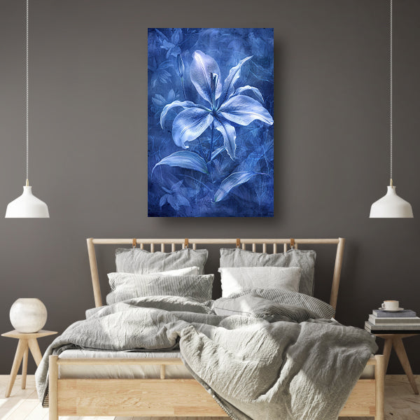 Gedetailleerde digitale lelie in blauw-wit canvas met baklijst
