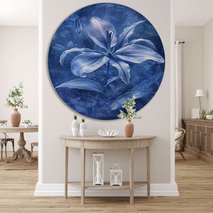 Gedetailleerde digitale lelie in blauw-wit aluminium muurcirkel