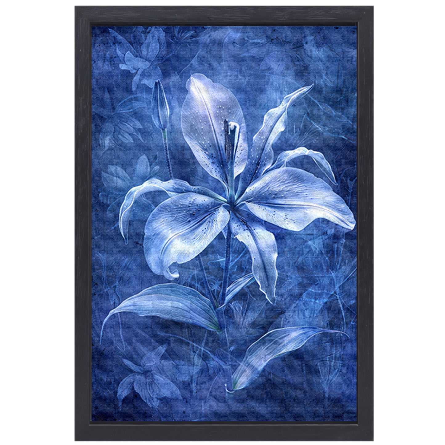 Gedetailleerde digitale lelie in blauw-wit canvas met baklijst
